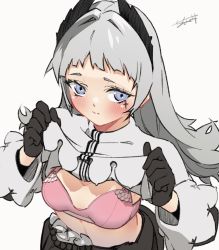 1girl :s animated animated_gif arknights black_gloves black_jacket blinking blue_eyes blush bra breasts capelet capelet_lift closed_mouth clothes_lift dress embarrassed gloves grey_capelet grey_hair head_wings highres irene_(arknights) jacket lifting_own_clothes long_hair long_sleeves looking_at_viewer open_clothes open_dress pink_bra scar scar_across_eye scar_on_face seto_tinami signature small_breasts solo underwear upper_body wings