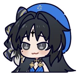 1girl :3 beret black_bow black_eyes blue_hat bow chinese_commentary closed_mouth commentary_request hair_bow hat kohane_kun large_variant_set long_hair lowres mole mole_under_eye parted_bangs portrait simple_background solo tacet_mark_(wuthering_waves) variant_set white_background wuthering_waves yangyang_(wuthering_waves)
