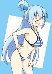 Rule 34 | 1girl, absurdres, aqua (konosuba), bikini, blue background, blue bikini, blue eyes, blue hair, breasts, chanta (chanta256), hair rings, highres, kono subarashii sekai ni shukufuku wo!, large breasts, leaning forward, long hair, navel, one eye closed, one side up, single hair ring, solo, striped bikini, striped clothes, swimsuit, two-tone background