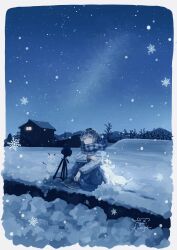 1girl absurdres amenojaku black_shoes blue_eyes blue_hair blue_pants blue_theme border camera closed_mouth coat commentary_request constellation dog frown glowing grey_border grey_scarf halo highres house original pants plaid_clothes plaid_scarf scarf shoes signature sitting sky snow snowflakes snowman solo star_(sky) starry_sky tripod white_coat yellow_halo