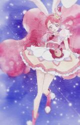 1girl animal_ears apron boots bow bow_apron bowtie brown_bag buttons cake character_name choker corset cure_whip dated dot_nose earrings english_text expressionless eyelashes faux_traditional_media floppy_ears food food-themed_clothes food-themed_hair_ornament frilled_skirt frilled_sleeves frills full_body gloves hair_ornament hairband happy_birthday heart heart_print highres jewelry kirakira_precure_a_la_mode komuragaeri222 light_blush long_hair looking_at_viewer magical_girl miniskirt open_mouth paw_shoes pink_bag pink_boots pink_bow pink_bowtie pink_choker pink_corset pink_eyes pink_hair pink_hairband pom_pom_(clothes) pom_pom_earrings precure procreate_(medium) puffy_short_sleeves puffy_sleeves rabbit_ears rabbit_girl shirt short_sleeves skirt skirt_hold solo space star_(sky) strawberry_brooch strawberry_shortcake tareme twintails two-tone_bag usami_ichika very_long_hair waist_apron waist_bag wavy_hair white_apron white_gloves white_shirt yellow_skirt