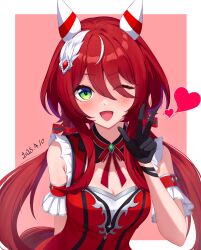 1girl 1m5papa absurdres animal_ears breasts brown_background cleavage commentary_request gloves green_eyes hair_between_eyes hair_ornament highres horse_ears horse_girl long_hair looking_at_viewer one_eye_closed open_mouth portrait red_hair simple_background sleeveless small_breasts solo umamusume w win_variation_(umamusume)