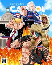 1girl 2021 3boys abs absurdres american_flag animification arm_tattoo arms_up artist_name beard black_gloves black_jacket black_suit blonde_hair blue_eyes blue_neckwear blue_sky blue_suit brown_eyes business_suit chancil character_name chest_hair chest_tattoo closed_mouth cloud collared_shirt commentary cover dark-skinned_female dark_skin day donald_trump dress earrings english_commentary english_text facebook_username facepaint facial_hair fake_cover fake_horns fire formal_clothes gloves goatee grin hairy hand_over_face highres hoop_earrings horns instagram_username jacket jake_angeli jewelry joe_biden jojo_no_kimyou_na_bouken jojo_pose kamala_harris lipstick long_sleeves looking_at_viewer makeup multiple_boys mustache neckerchief necklace necktie one_eye_closed outdoors parody parted_lips pectorals pelt pointing pointing_at_viewer politician politics pompadour qr_code real_life red_lips red_neckwear sanpaku shirt shoulder_tattoo sky smile smug star_(symbol) stardust_crusaders stud_earrings suit tattoo twitter_username united_states united_states_capitol unknown_creation_date white_hair white_shirt wing_collar yellow_dress yellow_neckwear