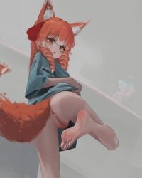 animal_ears anus barefoot bottomless bow clothes_lift clothing_cutout feet fox_ears fox_girl fox_tail from_behind from_below highres leg_cutout leg_up lifting_own_clothes looking_at_viewer looking_back nude original pubic_hair pussy red_bow red_hair shiny_eyes shirt soles standing standing_on_one_leg tail toes toraifu