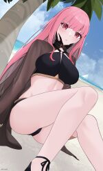 1girl absurdres beach belt belt_collar bikini black_belt black_bikini black_choker black_collar black_shoes black_shrug blue_sky blush boat breasts choker closed_mouth cloud cloudy_sky collar commentary day highres hololive hololive_english kanadeho large_breasts long_hair long_sleeves mori_calliope mori_calliope_(holonatsu_paradise) ocean outdoors palm_tree pink_eyes pink_hair sailboat sand shoes shrug_(clothing) sky solo swimsuit thighs tree twitter_username virtual_youtuber watercraft