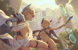 2girls armor bigrbear blonde_hair breasts clenched_teeth gauntlets highres holding holding_staff holding_sword holding_weapon mage_staff medium_breasts multiple_girls original short_hair smile staff sword teeth weapon