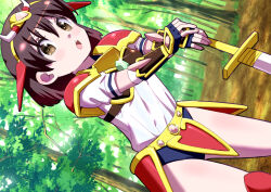 1girl armor character_request fingerless_gloves gloves highres kouryuu_densetsu_villgust looking_at_viewer open_mouth red_armor short_hair solo sword toku_sonchou tree weapon