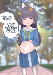 Rule 34 | 1girl, ahoge, animal ears, artist name, big belly, black hair, blue archive, blush, english text, fake animal ears, halo, highres, hime cut, inflation, leaf, leaf on head, long hair, long sleeves, looking at viewer, miyu (blue archive), mochii89, navel, open mouth, pantyhose, pregnancy halo, pregnant, red eyes, school uniform, serafuku, skirt, solo, stomach, variant set