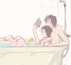 Rule 34 | 2boys, antenna hair, bath, bathing, black choker, black hair, book, choker, facial mark, holding, holding book, kamiya tsurugi, male focus, multiple boys, nude, rubber duck, same-sex bathing, scar, servamp, shared bathing, short hair, touma taishi, yaoi