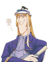 1girl akikawa_yayoi_(umamusume) animal animal_ears animal_on_head ascot blonde_hair blue_eyes bowler_hat cat cat_on_head dracula_(hotel_transylvania) english_text flower folding_fan grey_ascot haha_jonathan_you_are_banging_my_daughter_(meme) hand_fan hat hat_flower highres holding holding_fan horse_ears horse_girl hotel_transylvania jacket long_hair meme on_head purple_jacket solo tyrone umamusume white_streaks