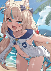 1girl ahoge animal_ears beach bikini black_bow blonde_hair blue_eyes blue_hair blue_sky blush bow collarbone commentary_request hair_bow hashira_14 highres indie_virtual_youtuber long_hair looking_at_viewer multicolored_hair navel outdoors sameko_saba sky solo standing stomach streaked_hair striped_bikini striped_clothes swimsuit thighs variant_set virtual_youtuber water