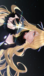 1girl artist_name black_background black_coat blonde_hair breasts cleavage coat cynthia_(pokemon) glint grey_eyes hair_over_one_eye highres long_hair medium_breasts nintendo poke_ball pokemon pokemon_dppt sakaralalala simple_background solo upper_body very_long_hair watermark