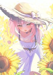 1girl absurdres alternate_costume arm_behind_back blue_eyes breasts commentary_request cyrene_(honkai:_star_rail) dress field flower flower_field hat highres honkai:_star_rail honkai_(series) leaning_forward looking_at_viewer multicolored_hair neneneneko open_mouth outdoors pink_hair small_breasts solo sun_hat sunflower two-tone_hair white_dress white_hair