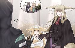 1other 2girls absurdres animal_ear_fluff animal_ears arknights black_gloves black_jacket blonde_hair commentary_request dated_commentary flying_sweatdrops fox_ears fox_girl fox_tail gloves green_eyes hairband highres jacket kitsune kyuubi long_sleeves mother_and_daughter multiple_girls multiple_tails neck_ribbon official_alternate_costume ribbon samip shirt speech_bubble suzuran_(arknights) suzuran_(spring_praise)_(arknights) tail vulpisfoglia_(arknights) white_shirt