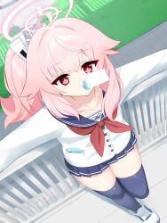 1girl absurdres black_thighhighs blue_archive blue_sailor_collar blue_skirt collarbone commentary dot_nose drinking halo highres jacket milk_carton natsu_(blue_archive) neckerchief phone_in_pocket pink_hair pink_halo red_eyes red_neckerchief sailor_collar shoes side_ponytail skirt solo thighhighs wet_09994 white_jacket white_shoes