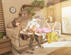 2girls analog_clock black_hat black_skirt blonde_hair book bookshelf bow brown_eyes brown_hair brown_pantyhose cat chinese_commentary clock closed_eyes closed_mouth collared_shirt commentary_request controller couch cup dress furahata_gen hat hat_bow highres indoors lying maribel_hearn multiple_girls necktie no_headwear on_couch on_stomach pantyhose plant plate potted_plant purple_dress red_necktie remote_control ribbon-trimmed_skirt ribbon_trim sample_watermark shirt short_sleeves skirt sleeping slippers smile touhou unworn_slippers usami_renko watermark white_bow white_cat white_hair white_pantyhose white_shirt