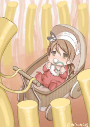 1girl aged_down baby bib brown_eyes brown_hair commentary_request feathers food hair_between_eyes headdress kantai_collection littorio_(kancolle) long_hair misumi_(niku-kyu) pacifier pasta stroller twitter_username