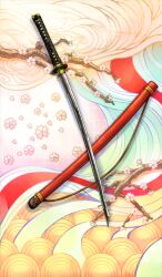 cherry_blossoms commentary fate/grand_order fate_(series) katana lasengle no_humans official_art sheath sword third-party_source weapon weapon_focus