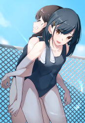 1girl back-to-back black_hair black_one-piece_swimsuit blue_sky braid brown_eyes chain-link_fence cloud commentary cowboy_shot day fence hair_ornament hairclip highres lifting_person long_hair makoto_(makoto_o) new_school_swimsuit one-piece_swimsuit original outdoors school_swimsuit short_hair single_braid sky smile solo swimsuit
