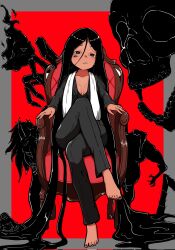 Rule 34 | 1girl, absurdly long hair, black eyes, black nails, black pants, breasts, cleavage, corrupted twitter file, crossed legs, dark-skinned female, dark skin, hair between eyes, highres, japanese mythology, long hair, looking at viewer, nail polish, no shoes, original, pants, sanmoto gorouzaemon (youkai), sitting, skull, small breasts, third eye, toenail polish, toenails, traditional youkai, utoto1313, very long hair