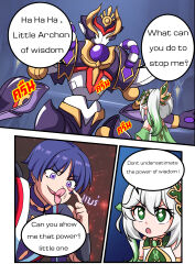 1boy 1girl absurdres atawatsho black_hair comic commentary detached_sleeves english_commentary english_text engrish_commentary engrish_text genshin_impact gradient_hair green_eyes hair_between_eyes hair_ornament highres japanese_clothes leaf_hair_ornament left-to-right_manga long_hair looking_at_another mecha mitsudomoe_(shape) multicolored_hair nahida_(genshin_impact) pointy_ears purple_eyes ranguage robot scaramouche_(genshin_impact) scaramouche_(kabukimono)_(genshin_impact) short_sleeves side_ponytail sidelocks speech_bubble symbol-shaped_pupils tomoe_(symbol) two-tone_hair white_hair