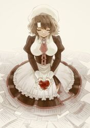 1girl apron asymmetrical_bangs black_dress blood blood_stain breasts brown_hair closed_eyes closed_mouth dress eyelashes flower hat highres holding holding_flower large_breasts loose_hair_strand maid maid_apron medium_hair paper parted_bangs red_flower red_rose rose shannon_(umineko) sitting smile solo suidousui umineko_no_naku_koro_ni white_hat