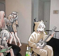 5girls :3 anger_vein bang_dream! bang_dream!_it&#039;s_mygo!!!!! barefoot black_hair blue_eyes blue_shirt blue_skirt bottle brown_dress brown_hair chihaya_anon closed_mouth commentary_request dress green_skirt grey_hair grey_jacket guitar guitar_hero haneoka_school_uniform heterochromia holding holding_guitar holding_instrument instrument jacket kabedon kaname_raana korean_commentary long_hair long_sleeves multiple_girls mygo!!!!!_(bang_dream!) nagasaki_soyo neonfloyd onesie photo-referenced photo_background pink_hair pleated_skirt raana_the_cat school_uniform shiina_taki shirt short_hair skirt takamatsu_tomori tsukinomori_school_uniform white_hair yellow_eyes