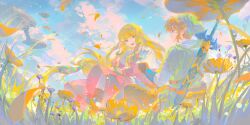 Rule 34 | 1boy, 1girl, absurdres, bakutiku, blonde hair, blue eyes, blue sky, bracelet, brown hair, cloud, dress, earrings, field, flower, flower field, green headwear, green tunic, hat, highres, jewelry, link, long hair, master sword, nintendo, open mouth, orange flower, pink dress, pointy ears, princess zelda, short hair, sitting, sky, smile, sword, sword on back, the legend of zelda, the legend of zelda: skyward sword, tunic, very long hair, weapon, weapon on back