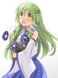 1girl aikoi_(arararaaren) bare_shoulders blue_flower blue_skirt blush_stickers collared_shirt detached_sleeves dot_nose flower flower_pot frog_hair_ornament green_hair hair_ornament hair_tubes highres holding holding_flower_pot kochiya_sanae long_hair long_sleeves looking_at_viewer patterned_clothing print_skirt shirt simple_background single_hair_tube single_sidelock skirt skirt_set sleeveless sleeveless_shirt snake_hair_ornament solo touhou upper_body white_background yellow_eyes