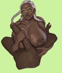 1girl ass between_breasts between_legs bikini bodypaint bouncing_breasts braid braided_ponytail breasts breasts_out cum curvy dark-skinned_female dark_skin dolores_(kof) earrings erection female_focus girl_on_top glasses gold green_eyes handjob huge_ass huge_breasts huge_penis jewelry jiggle large_areolae large_breasts long_hair looking_at_viewer lying masturbation multicolored_hair nipples on_stomach penis pothosdark pov precum round_eyewear shaking shiny_skin swimsuit the_king_of_fighters the_king_of_fighters_xv thick_lips thighs two-tone_hair wet white_hair wide_hips