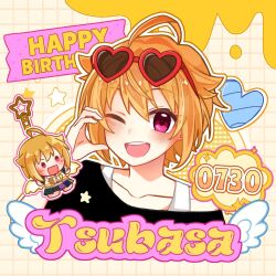 1girl ahoge black_shirt blonde_hair blush character_charm character_name charm_(object) chiwawa174 collarbone eyewear_on_head grid_background hair_flaps hand_up happy_birthday heart heart-shaped_eyewear highres ibuki_tsubasa idolmaster idolmaster_million_live! looking_at_viewer one_eye_closed open_mouth outline pink_eyes shirt short_hair smile solo sunglasses teeth upper_teeth_only white_outline