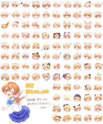 &gt;_&lt; 1girl :3 ? @_@ animal animal_ears animal_hood animal_on_head beanie blue_bow blue_bowtie blue_skirt bow bowtie cat cat_ears cat_hood closed_eyes closed_mouth collared_shirt crown crying dot_mouth empty_eyes fake_animal_ears fake_beard fake_facial_hair fake_mustache flower food goggles goggles_on_head grin hair_bow hair_flower hair_ornament hat head_only head_wreath headset heart highres hood hood_up hoshizora_rin kemonomimi_mode leaning_forward looking_at_viewer love_live! love_live!_school_idol_project maid_headdress minami_kotori_(bird) mini_crown musical_note on_head one_eye_closed one_side_up onigiri open_mouth orange_hair osono_(osonokichi) otonokizaka_school_uniform outstretched_arm partially_shaded_face pleated_skirt rabbit_ears rabbit_hood santa_hat school_uniform shirt short_hair short_twintails simple_background skirt smile sparkle standing star_(symbol) streaming_tears striped_bow striped_bowtie striped_clothes tears top_hat translation_request twintails v white_background white_flower white_headdress white_shirt yellow_eyes yellow_hat