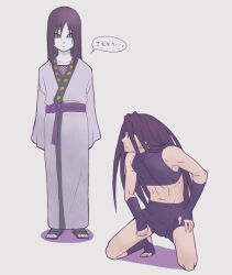 Rule 34 | 2boys, aged down, black eyes, black hair, black shorts, black socks, crossover, envy (fma), full body, fullmetal alchemist, grey background, japanese clothes, japanese text, kimono, long hair, makidsume, male focus, midriff, multiple boys, naruto (classic), naruto (series), navel, orochimaru (naruto), pale skin, shorts, simple background, sleeves past fingers, sleeves past wrists, slit pupils, socks, speech bubble, standing, stirrup legwear, thought bubble, toeless legwear, translated, trap, yellow eyes