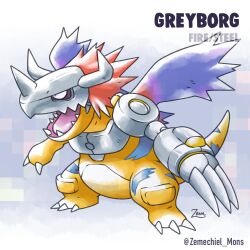 1990s_(style) armor breastplate character_name claws colored_skin cyborg digimon digimon_(creature) dinosaur english_text fake_horns fakemon helmet horned_helmet horns mechanical_arms metalgreymon nintendo no_humans open_mouth orange_skin parody pokemon pokemon_(creature) pokemon_rgby_(style) purple_wings red_hair retro_artstyle sharp_teeth short_hair single_mechanical_arm solo striped_skin style_parody sugimori_ken_(style) tail teeth tongue wings zemechiel_mons