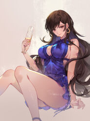 Rule 34 | 1girl, artist name, bare arms, bare legs, bare shoulders, black hair, breasts, champagne flute, choker, cleavage, commentary, crescent, crescent earrings, cup, dress, drink, drinking glass, earrings, feet out of frame, final fantasy, final fantasy vii, final fantasy vii remake, highres, holding, holding drink, jewelry, large breasts, long hair, looking at viewer, nail polish, official alternate costume, orange sekaii, purple dress, red eyes, ribbon choker, sideboob, sitting, sleeveless, sleeveless dress, smile, solo, swept bangs, thick thighs, thighs, tifa lockhart, tifa lockhart (refined dress), very long hair