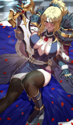1girl black_socks blonde_hair breasts checkered_floor christina_(princess_connect!) club3 gem highres jewelry large_breasts long_hair necklace ponytail princess_connect! smile socks solo sword thighhighs thighs weapon yellow_eyes