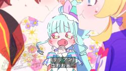 Rule 34 | 1boy, 2girls, :t, absurdres, aqua brooch, aqua hair, aqua hat, bare shoulders, black shirt, blonde hair, blue eyes, blue sleeves, blunt bangs, blush, bow, bow earrings, bowtie, brooch, brown hair, capelet, close-up, closed mouth, clothing cutout, collared capelet, commentary request, cure friendy, cure lillian, dress, earrings, face-to-face, fake screenshot, floral background, frilled arm warmers, frilled headwear, hat, hat bow, heart, heart brooch, hetero, high side ponytail, highres, imminent kiss, interlocked fingers, inukai iroha, jewelry, large bow, long hair, magical boy, magical girl, mini hat, mini top hat, multiple girls, nekoyashiki mayu, orange sailor collar, own hands clasped, own hands together, pink background, pink bow, pink bowtie, pink eyes, pout, precure, purple brooch, purple capelet, robe, sailor collar, serizawa serizane, shirt, short sleeves, shoulder cutout, single stripe, sparkling eyes, sphere earrings, striped bow, striped bowtie, striped clothes, sweatdrop, top hat, toyama satoru, translation request, turtleneck, turtleneck shirt, twitter username, upper body, very long hair, watermark, watermark grid, wavy mouth, white arm warmers, white bow, white bowtie, white dress, white robe, wonderful precure!