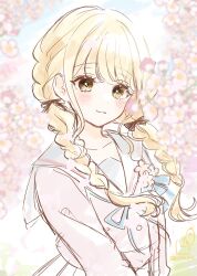 1girl :3 black_bow blonde_hair blue_ribbon blurry blurry_foreground bow braid brown_eyes closed_mouth commentary_request depth_of_field flower fujita_kotone gakuen_idolmaster grey_sailor_collar hair_bow highres idolmaster long_hair looking_at_viewer low_twintails neck_ribbon pink_flower pink_shirt pleated_skirt ribbon rino_cnc sailor_collar school_uniform serafuku shirt skirt smile solo twin_braids twintails white_skirt