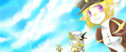 Rule 34 | 3girls, acolyte (ragnarok online), ark kan, black hat, black wings, blonde hair, blue sky, bow, brown dress, champion (ragnarok online), closed mouth, cloud, commentary request, copyright name, demon wings, dress, hair bow, hat, head wings, high priest (ragnarok online), juliet sleeves, long sleeves, looking at viewer, multiple girls, orange bow, peaked cap, pointy ears, puffy sleeves, purple eyes, ragnarok online, short hair, sky, smile, two-tone dress, upper body, white dress, white hair, wings