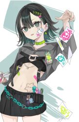 1girl aqua_belt aqua_eyes aqua_hair aqua_nails belt black_bra black_eyes black_hair black_skirt bra breasts center-flap_bangs choker colored_inner_hair commentary_request gradient_eyes green_choker hair_between_eyes highres hood hood_down hooded_shrug long_sleeves looking_at_viewer medium_hair miniskirt multicolored_eyes multicolored_hair nail_polish navel open_mouth original shrug_(clothing) skirt small_breasts solo stomach tokiwata_soul underwear