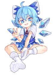 1girl blue_bow blue_dress blue_eyes blue_hair bow chaosexceed cirno collared_shirt dress feet hair_bow highres ice ice_wings invisible_chair looking_at_viewer no_shoes open_mouth pinafore_dress shirt short_hair short_sleeves simple_background sitting sleeveless sleeveless_dress socks soles solo teeth touhou upper_teeth_only v white_background white_shirt white_socks wings