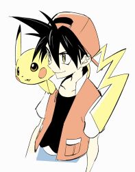 Rule 34 | 1boy, backwards hat, baseball cap, black hair, black shirt, brown eyes, closed mouth, gen 1 pokemon, hair between eyes, hat, highres, male focus, nintendo, on shoulder, pikachu, pokemon, pokemon (creature), pokemon adventures, pokemon on shoulder, popo92 z, red (pokemon), red hat, shirt, short sleeves, simple background, spiked hair, upper body, white background, yellow eyes