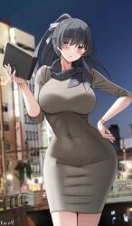 1girl ahoge black_hair black_neckerchief blush bracelet breasts bridge building city covered_navel dress grey_eyes grey_hair hand_on_own_hip highres holding impossible_clothes impossible_dress jewelry keenh large_breasts long_hair long_sleeves looking_at_viewer neckerchief night original parted_lips sidelocks solo standing