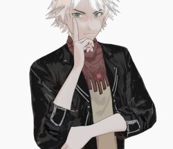 Rule 34 | 1boy, bandana, black jacket, brown shirt, classicaloid, commentary, green eyes, grey background, jacket, long sleeves, looking at viewer, ludwig van beethoven (classicaloid), male focus, red bandana, revol4357, shirt, short hair, simple background, solo, symbol-only commentary, upper body, white hair