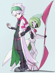 Rule 34 | 1boy, back-to-back, bede (pokemon), bede (sygna suit) (pokemon), coat, eyewear on head, full body, green-tinted eyewear, grey hair, hand on own hip, highres, holding, holding polearm, holding weapon, iron valiant, looking at viewer, male focus, nintendo, official alternate costume, pokemon, pokemon masters ex, polearm, purple eyes, standing, stella (stella), tinted eyewear, weapon, white coat