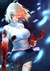 1girl angry arcueid_brunestud battle_damage blonde_hair blood blood_on_clothes blood_on_face blue_skirt bruise bruise_on_face clenched_hand fingernails floating floating_hair floating_object fukou highres injury jewelry looking_at_viewer melty_blood necklace pantyhose red_eyes sharp_fingernails short_hair skirt sweat sweater torn_clothes torn_pantyhose tsukihime tsukihime_(remake) turtleneck turtleneck_sweater white_sweater