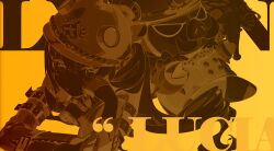 Rule 34 | 1girl, absurdres, detached sleeves, english text, fingerless gloves, gloves, hair between eyes, hard hat, hat, head rest, helmet, highres, long hair, looking at viewer, luciana de montefio, mask, mindscape cinema (zenless zone zero), monochrome, official art, orange theme, resized, sepia, solo, steampunk, third-party edit, upper body, upscaled, yellow background, yellow theme, zenless zone zero