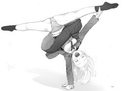 Rule 34 | 1girl, :d, bare legs, blazer, blush, breasts, closed eyes, facing viewer, greyscale, handstand, highres, jacket, long hair, long sleeves, making-of available, masuda (yousaytwosin), medium breasts, miniskirt, monochrome, necktie, open clothes, open jacket, open mouth, original, panties, pantyshot, pleated skirt, school uniform, shirt, signature, simple background, skirt, smile, socks, solo, split, spread legs, underwear, upside-down, white background