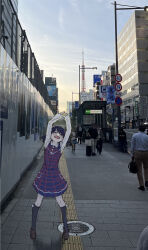 &gt;_&lt; 1girl arms_up black_socks blush dress fang fukumaru_koito full_body highres idolmaster idolmaster_shiny_colors kneehighs loafers location_request long_sleeves outdoors own_hands_together people photo_background pinafore_dress real_world_location road_sign shirt shoes sign skin_fang sleeveless sleeveless_dress socks takaharuti tokyo_tower twintails two-tone_dress white_shirt