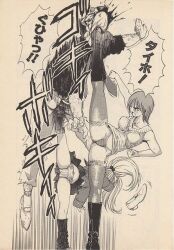 1girl 2girls artist_request ball_busting blood humiliation kicking multiple_girls standing standing_on_one_leg tagme translation_request